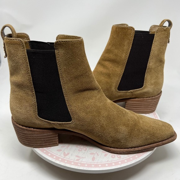 Tory Burch Chelsea Boots Women 10.5 Tan Suede Leather Square Toe Block Heel Pull - Picture 10 of 11